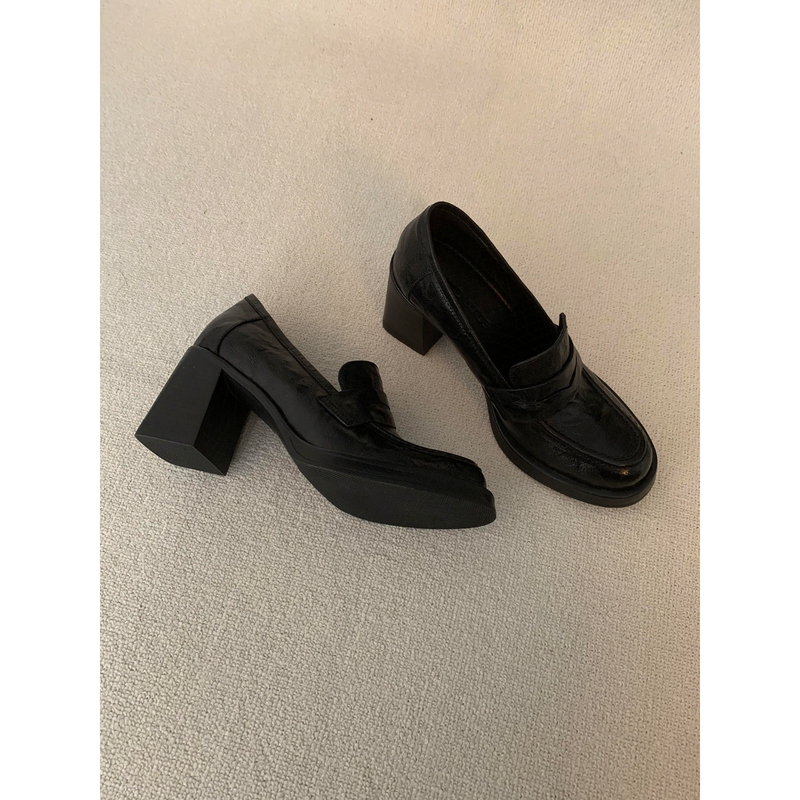 Cowhide Version ~ Retro British Style High-Heeled Small Leather Shoes for Women, Chunky Heel Slip-On Loafers, Square Toe, Preppy Style Jk Women's Shoes