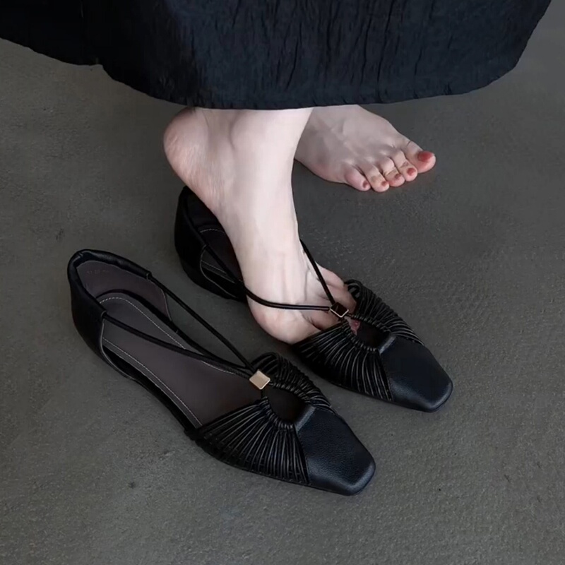 Sheepskin Version ~ French-Style Black Genuine Leather Woven Roman Shoes for Women, Square Toe, Hidden Heel, Niche Hollow-Out Fashionable Summer Sandals