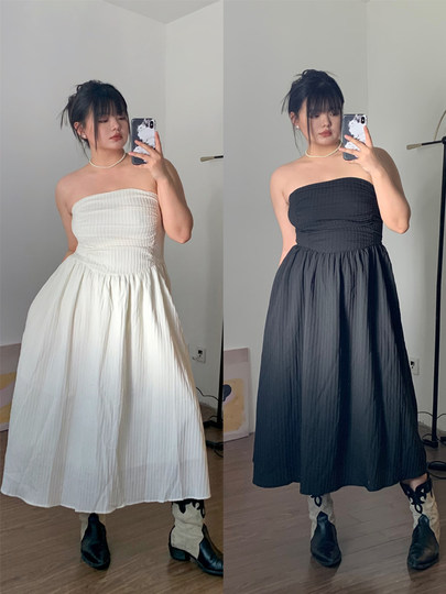 FishCake大码微胖辣妹黑色抹胸连衣裙女伴娘生日长款气质年会裙子