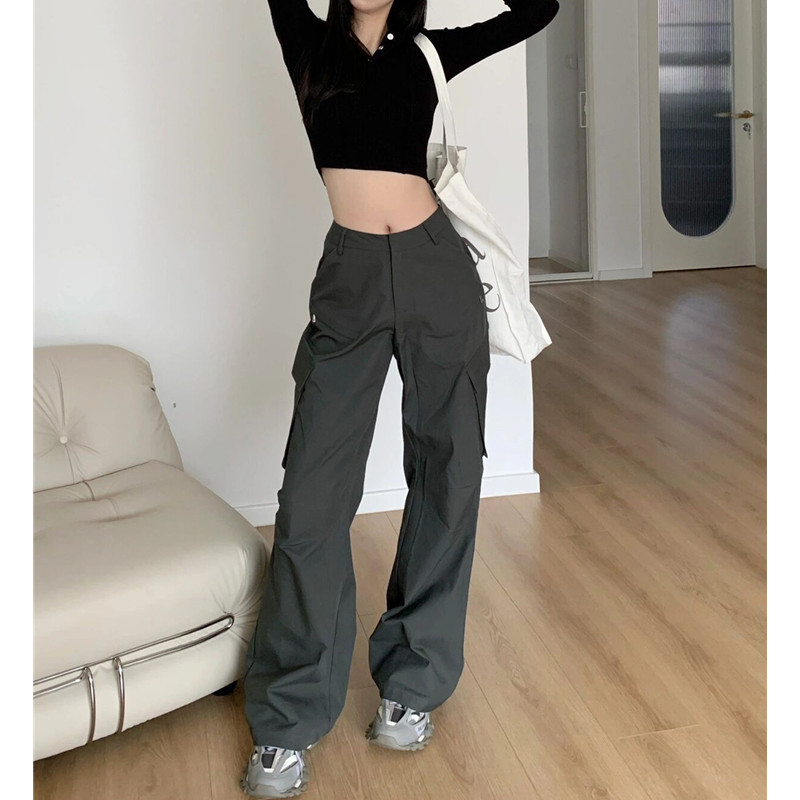 SUN11 dark gray American sweet cool high waist straight overalls women's 2023 new design slim casual pants
