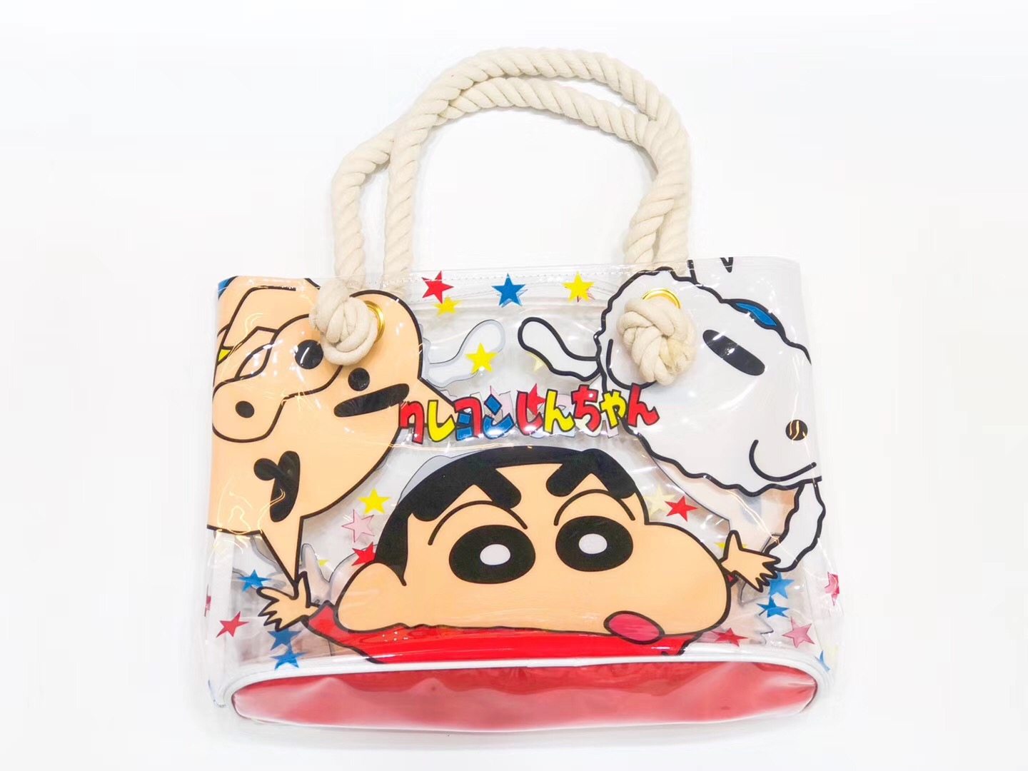 Crayon small new bread superman left guard small white PVC transparent waterproof beach bag thick hand rope portable shopping bag