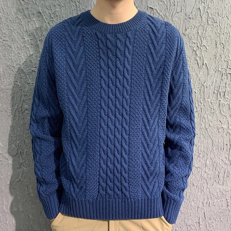 2026 Spring and Autumn New Style Thick Thread Handmade Chunky Knit Round Neck Blue Sweater Men's Loose Knitwear Trendy Top