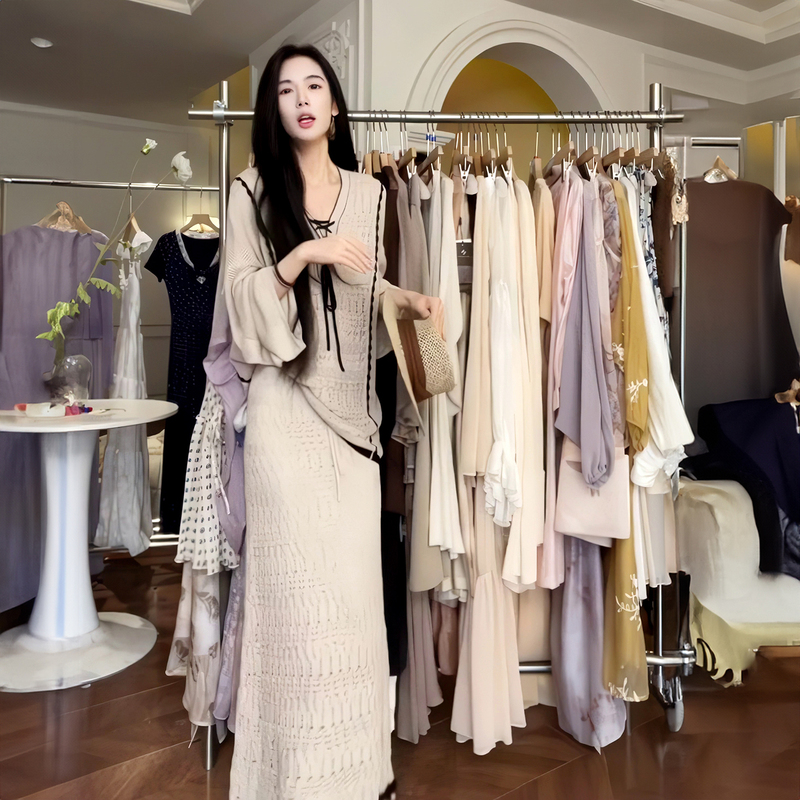 Lazy Style Crochet Hollow-Out Knit Set for Women, Spring/Summer Tie-Up Long-Sleeve Top and Skirt, Old Money Style Heavy-Duty Set