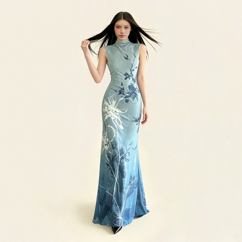 Seeyoulater New Chinese-Style Retro Printed High-Neck Mesh Cheongsam Dress Retro Niche Waist-Cinching Dress for Women Seeyoulater New Chinese-Style Retro Printed High-Neck Mesh Cheongsam Dress Retro Niche Waist-Cinching Dress for Women