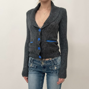 Contrast color gray retro slim v-neck buttoned sweater