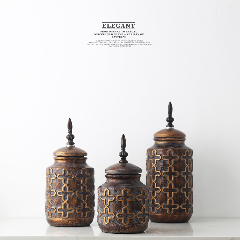 Retro American Decoration Three-piece Set Old Ceramic Pot High-end Creative Jewelry Wine Cabinet Living Room Table Entrance Study