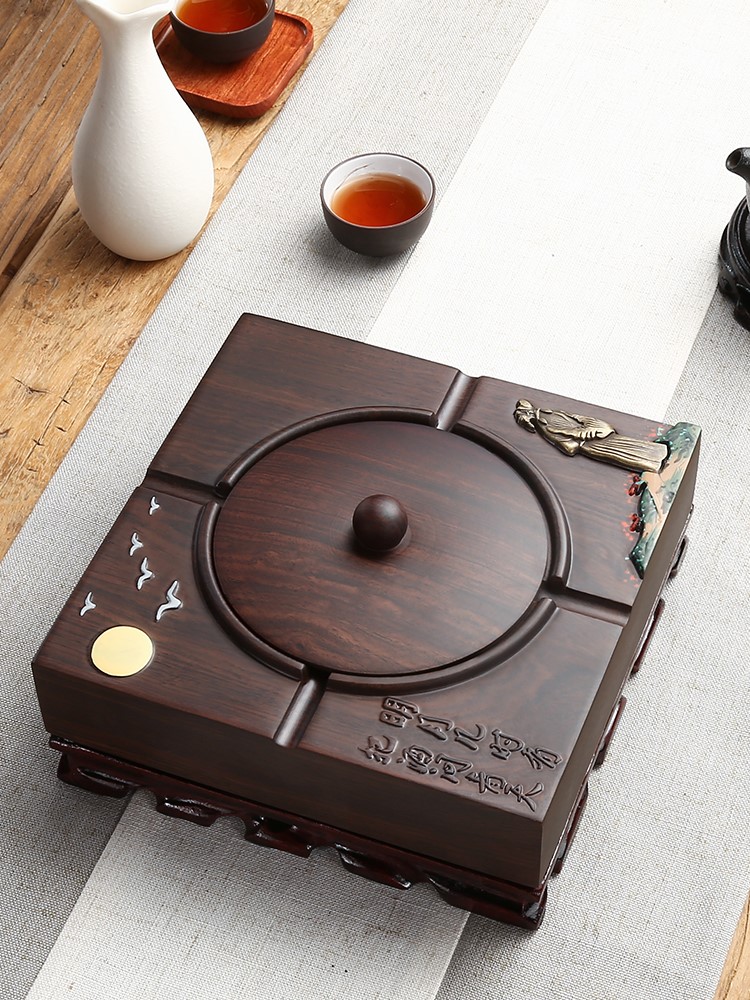 Ebony solid wood ashtray with cover retro Chinese style home simple atmosphere ashtray creative personality trend living room large