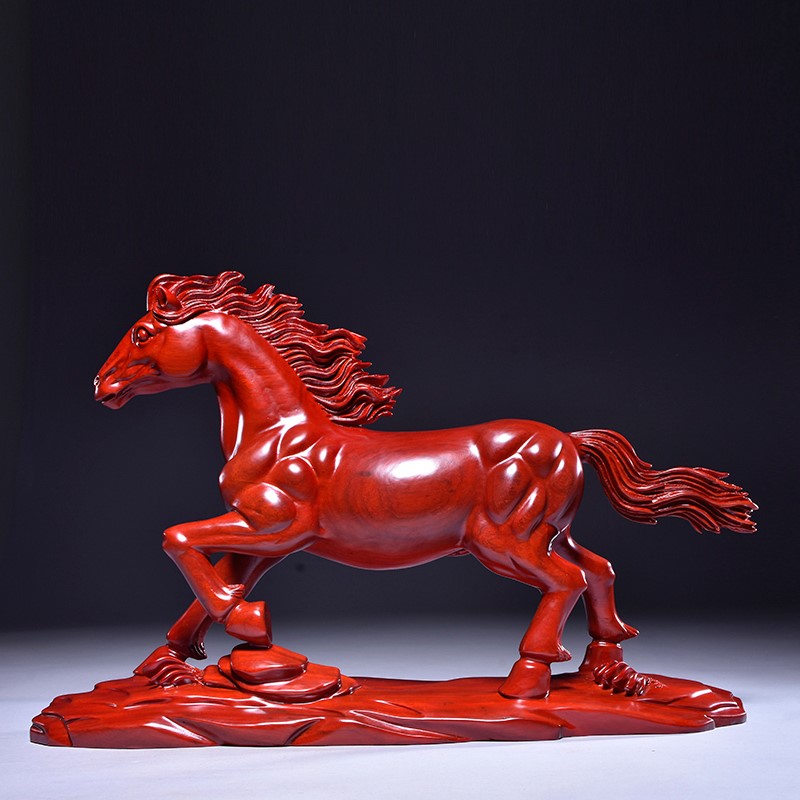 Red flower pear solid wood engraving zodiac horse pendulum pieces red wood minimalist atmosphere home living room office decoration handicraft 