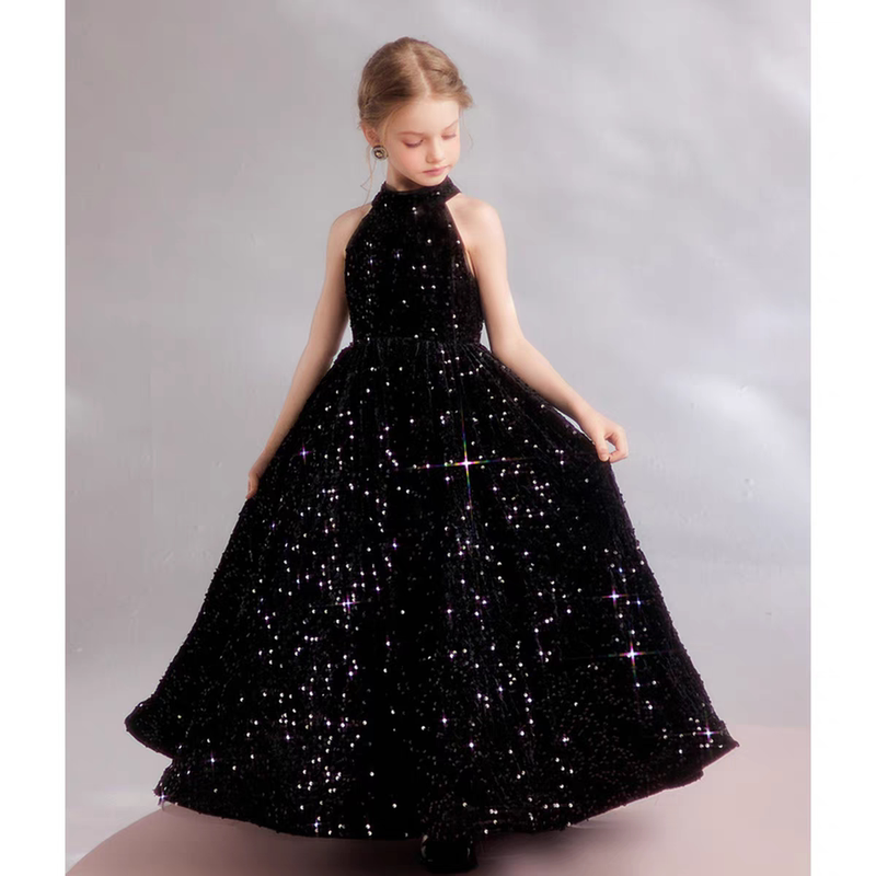 Girls' Dress, Light Luxury Style, Black Sequin Halter Neck Piano Performance Dress, High-End Long Dress, Host Performance Costume