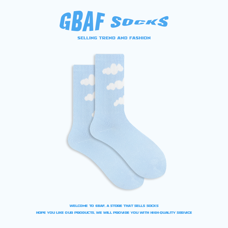 Gbaf Light Blue White Cloud Socks Summer Korean Style College Style Mid-Calf Socks Trendy Pure Cotton Unisex Couple Long Socks