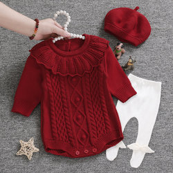 Baby Girl's Autumn Clothes Knitting Wrap Fart Clothes Autumn Newborn Full Moon Baby Clothes Princess Western-style Ha-ha Clothes Birthday Party Suit