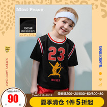 minipeace Taiping Bird Childrens Wear Boys Summer New Short Sleeve Childrens Print T-shirt Contrast Fake Two Ole