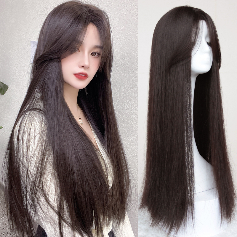 Medium wig female hair full head cover summer simulation natural air banghai long straight hair net red and black long straight wig set