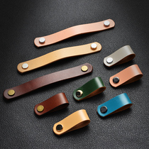 European new Chinese style American first layer cowhide brown leather handle Invisible leather handle Wardrobe door drawer soft leather small