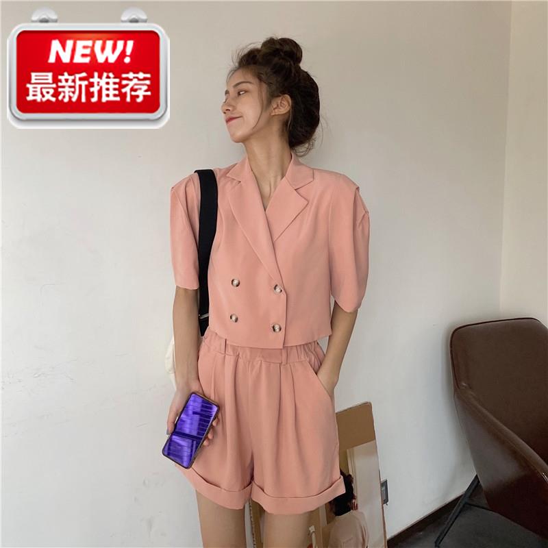 Summer new Korean version Double platoon r buckle short suit jacket woman short sleeve thin shorts shorts wide leg pants suit woman