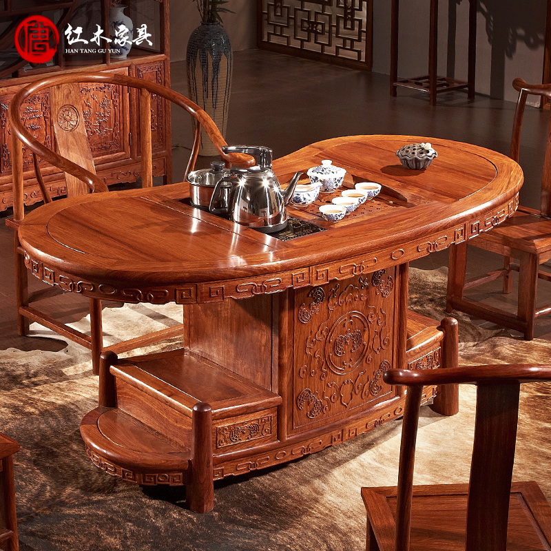Mahogany Tea Table, Rosewood New Chinese-Style Office Solid Wood Tea Table and Chair Set, Home Use, Rosewood Kung Fu Tea Table