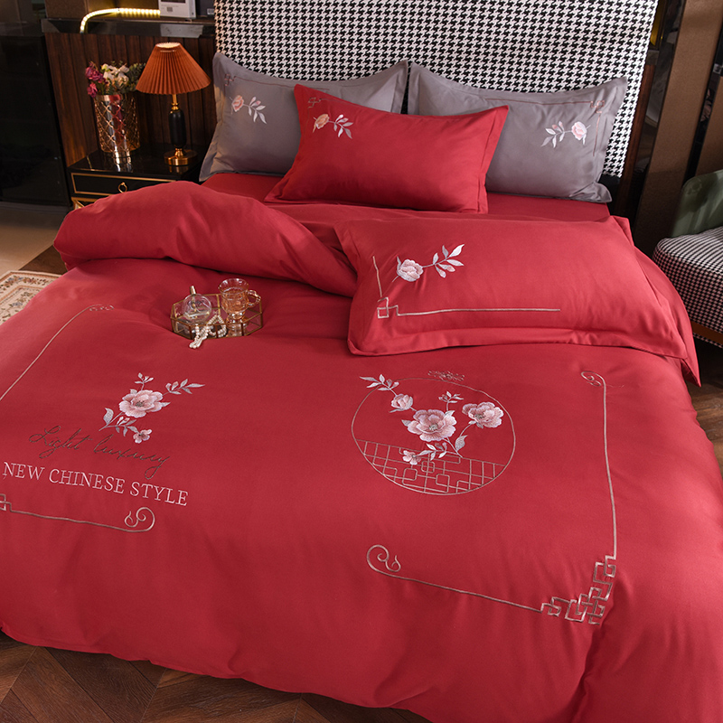 Chinese style flower good moon round four-piece set light luxury style simple atmosphere red bedding embroidery bed sheet quilt cover ins
