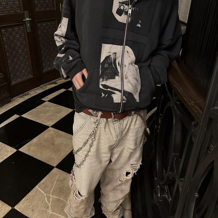 Top-Quality Erd24Ss Madonna Dancer Illustration Vintage Patchwork Short Wide Drop-Shoulder Zip-Up Hoodie