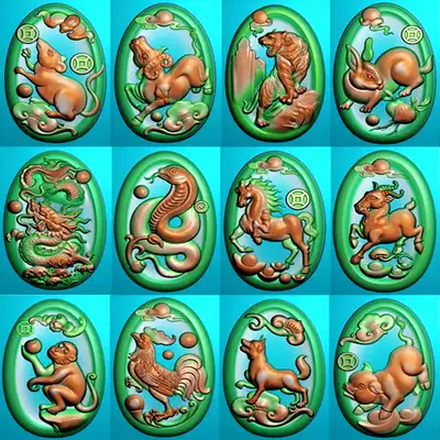 12 Zodiac jade carving map 12 Chinese zodiac set of pig carved map 12 Chinese zodiac full set of oval pendant relief JDP