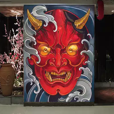 日本般若浮世绘纹身店装修壁纸日式刺青馆和风武士居酒屋料理墙纸