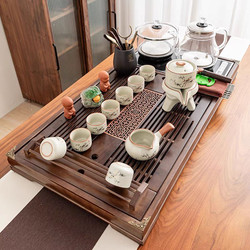 Complete Ru Kiln Kung Fu Tea Set with Automatic Kettle and Integrated Solid Wood Tea Tray for Home Use