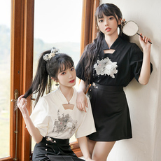 Китайцы одежда наборы 十三余小豆蔻儿[思无涯] 国风夏日小开领t恤亲肤舒适百搭刺绣短裤