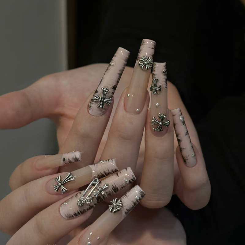 Sweet and Cool Girl Black Pink Gradient Heavy-Duty Y2K Retro Distressed Hot Girl Long Ladder Handmade Press-On Nails Sweet and Cool Girl Black Pink Gradient Heavy-Duty Y2K Retro Distressed Hot Girl Long Ladder Handmade Press-On Nails