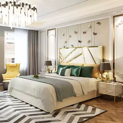 New Hong Kong-style light luxury double bed simple modern bedroom bed 1 8 m wedding bed leather bed mattress bedside table combination