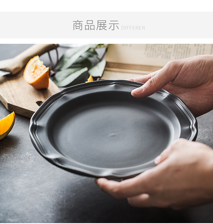 INS Nordic gray ceramics steak pan European creative home plate beefsteak plate embossed round plate