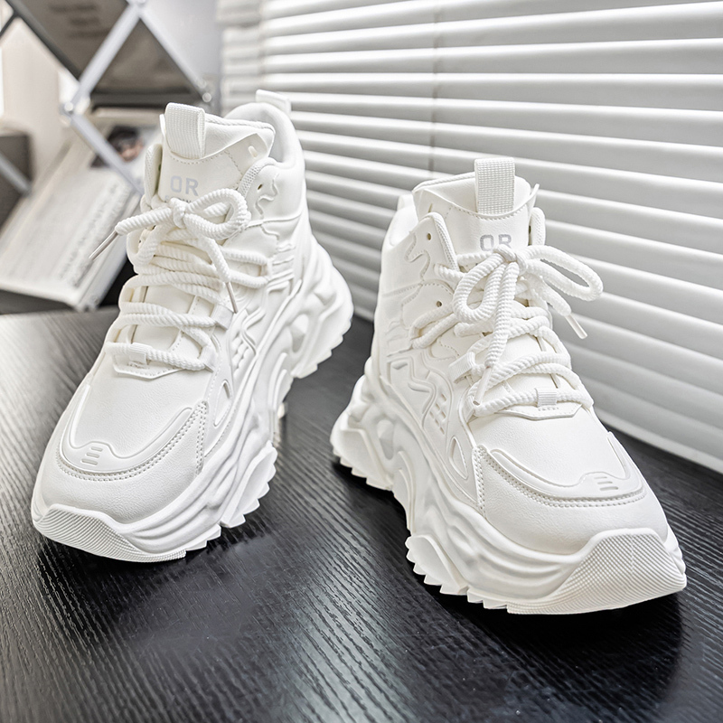 Pure White Men's Shoes, New Dad Shoes with Hidden Height Increase, Casual Shoes for Men, Spring and Autumn High-Top Sports Thick-Soled White Sneakers