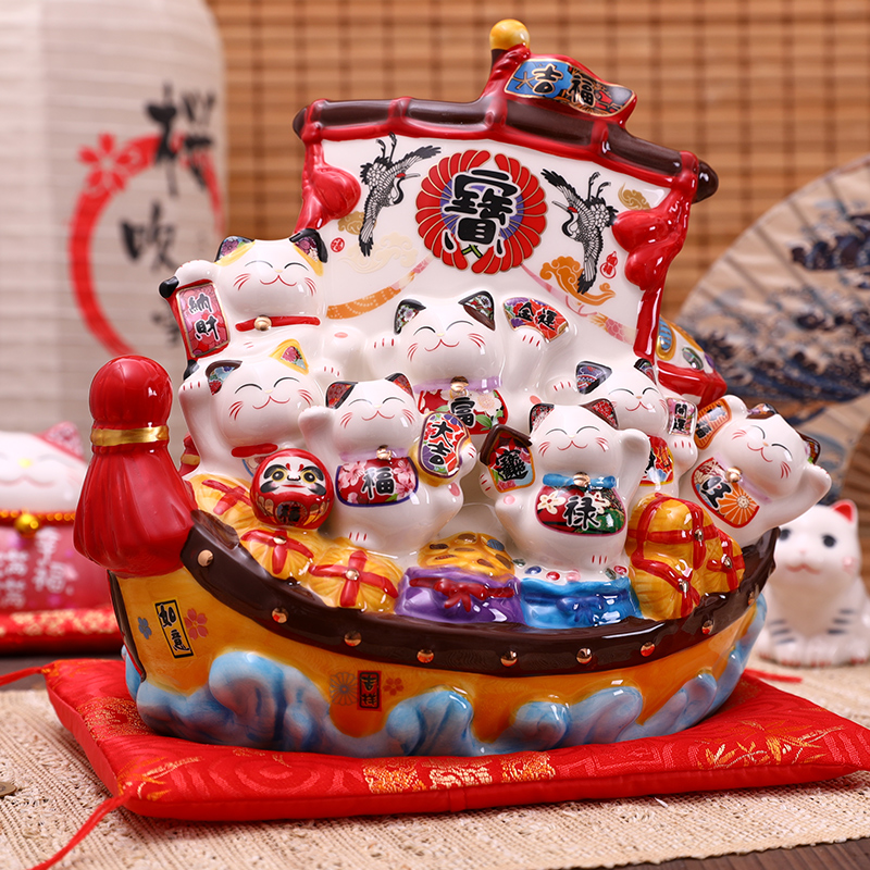 順風満帆の宝船クリエイティブな装飾品、招き猫貯金箱、陶器製、自宅リビングルーム書斎装飾ショップ