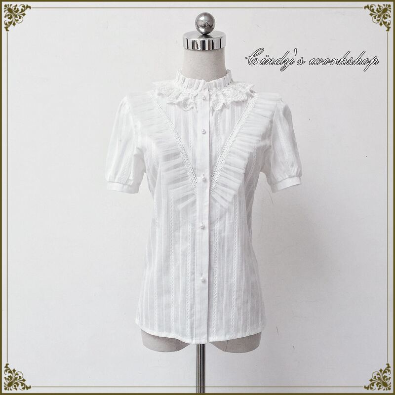 Original Cotton Lolita Black and White Jacquard Summer Stand-Up Collar Ruffled Lace Lantern Short-Sleeve Base Shirt for Layering