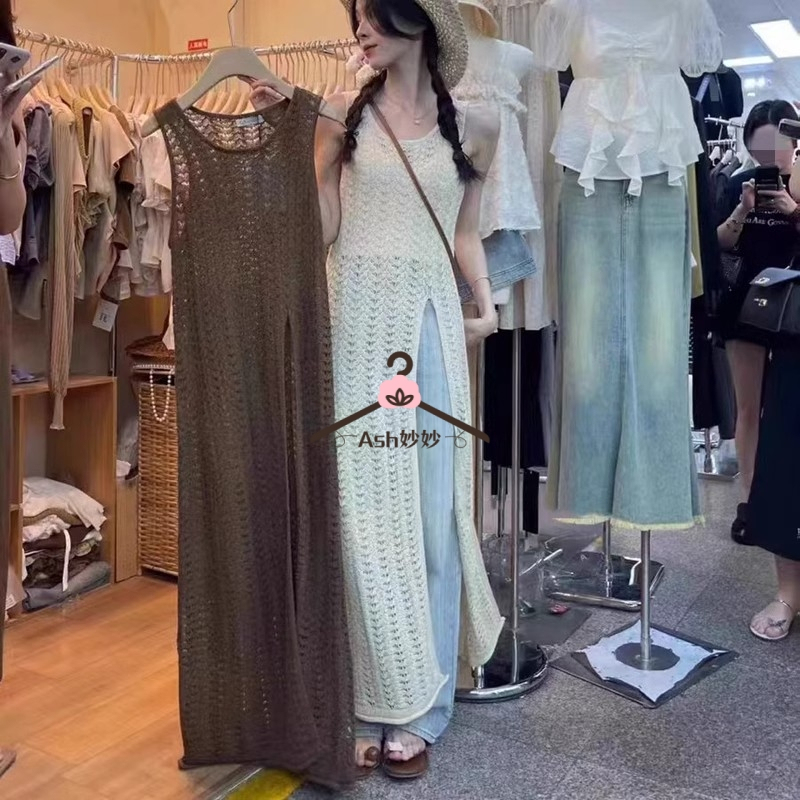 Korean Style New Design Holiday-Style Blouse Long Skirt Knitted Over-The-Knee Skirt Hollow Skirt Slit Tank Dress for Women