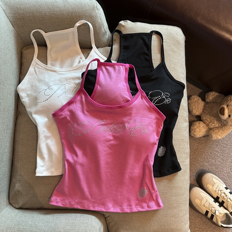 American-Style Hot Girl Diamond-Embellished Camisole Women's Clothing 2026 Summer Outerwear Inner Wear Slim-Fit Sleeveless Short Top Trendy