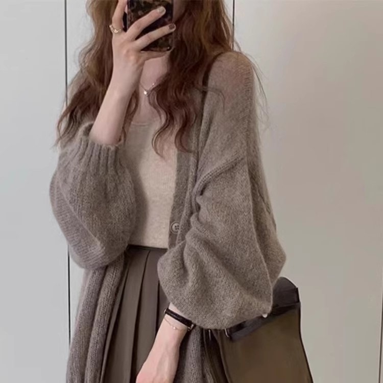 Retro Lantern Sleeve Mohair Knitted Cardigan Thin Jacket for Women 2026 New Style Lazy Style Sweater Loose Top