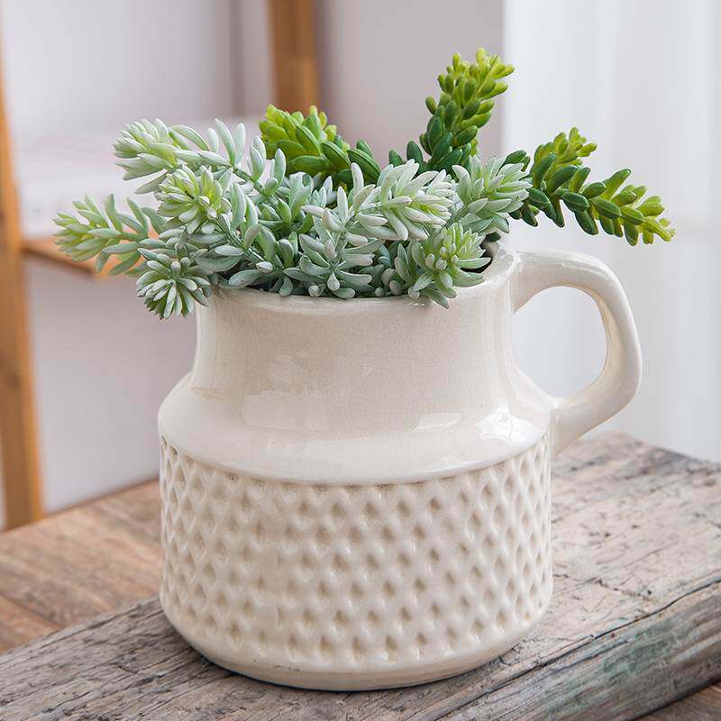 Ice-cracked glaze single ear ceramic flower pot kettle dry flower flower arrangement succulent flower pot artificial flower fake vase hydroponic container - Taobao
