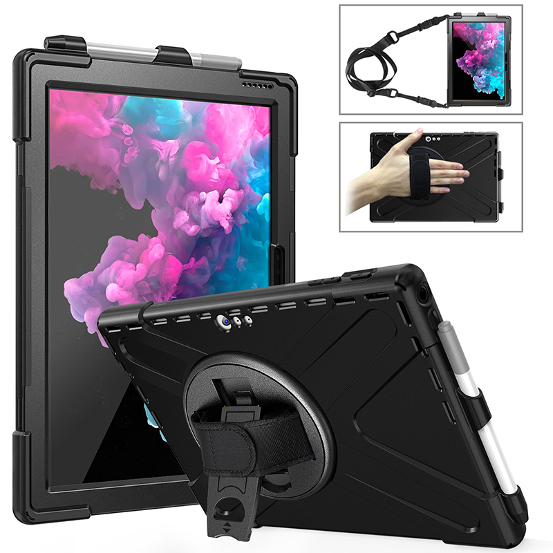 Suitable for Microsoft Surface Pro 7 Protective Case with Pen Slot, Tablet Pro 4/5/6 Full Edge Soft Shell Silicone Anti-Drop 12.3-Inch 360-Degree Rotating Stand, Handheld Holder, Shoulder Strap
