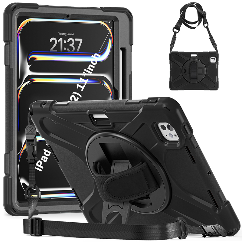 Suitable for 2025 Apple iPad Pro11 Protective Case with Pen Slot, Anti-Fall Tablet Ipadpro 11inch Air13/8/7/6/5 Full Edge Soft Cover Silicone Rotating Stand Handheld Holder Lanyard