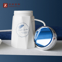 Ceramic Cup with lid office water Cup mirror mug large capacity water Cup male tea cup office Female White