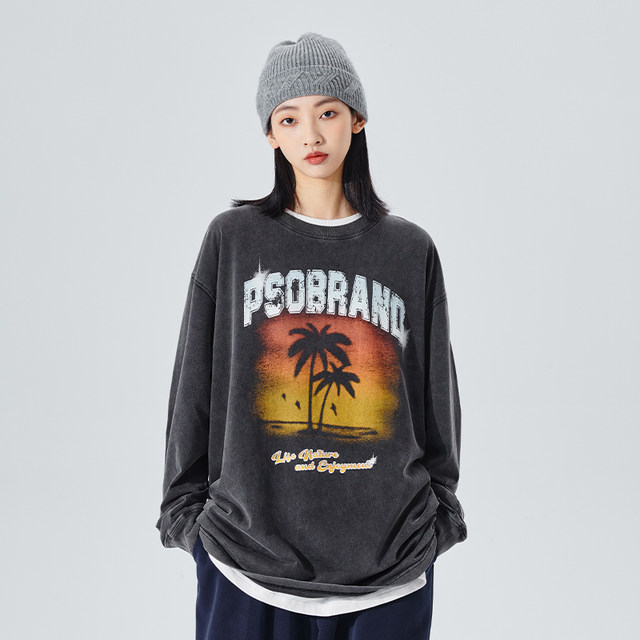 PSOBrand 32 pieces 230g sunset coconut tree fried color craft long-sleeved T-shirt men's tide brand autumn top T-shirt