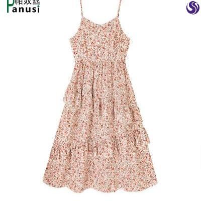 2020 new sweet small fresh floral large swing chiffon skirt female summer temperament suspender dress medium-length skirt 