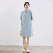 GDZY Blue Shirt Dress Dress Woman 2022 Summer new commuter skirt minimalist loose large pocket zip