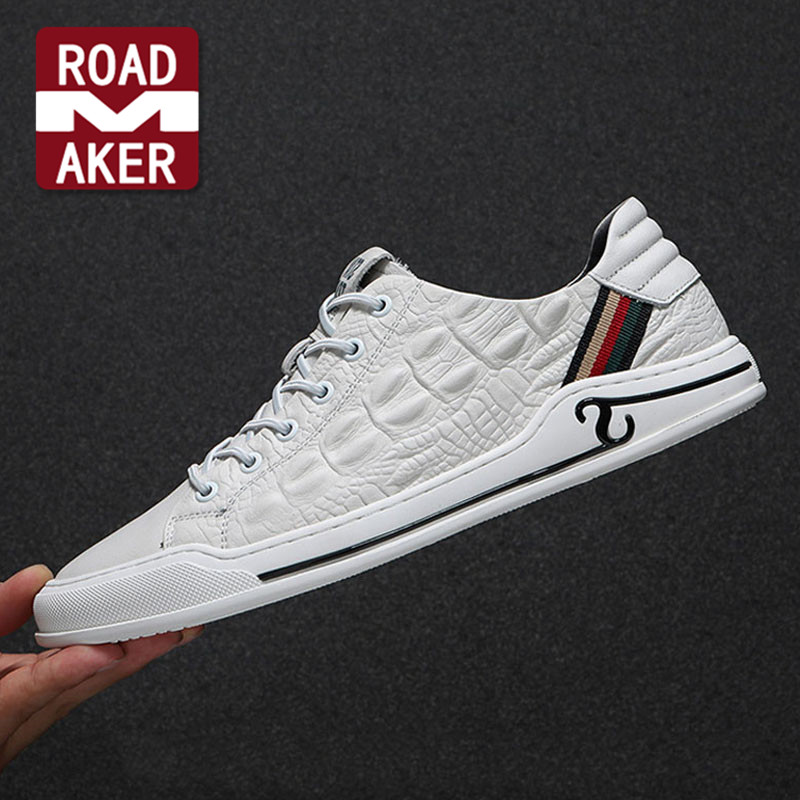 Rodmeco white shoes men's leather summer trend all-match crocodile pattern casual shoes white sneakers breathable men's shoes