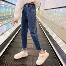 Girls Spring Flower Jeans 2022 new childrens loose daddy pants in large childrens pants