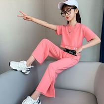 Girls sports suit summer summer summer 12-year-old middle and Big Boy foreign-style loose straight open wide leg trousers childrens leisure