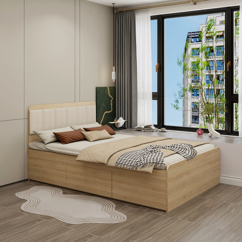 Tatami Floor-Standing Solid Wood Bed for Small Apartments, Air Pressure Slatted Frame, Multifunctional Storage Bed with Pur Edge Sealing Technology
