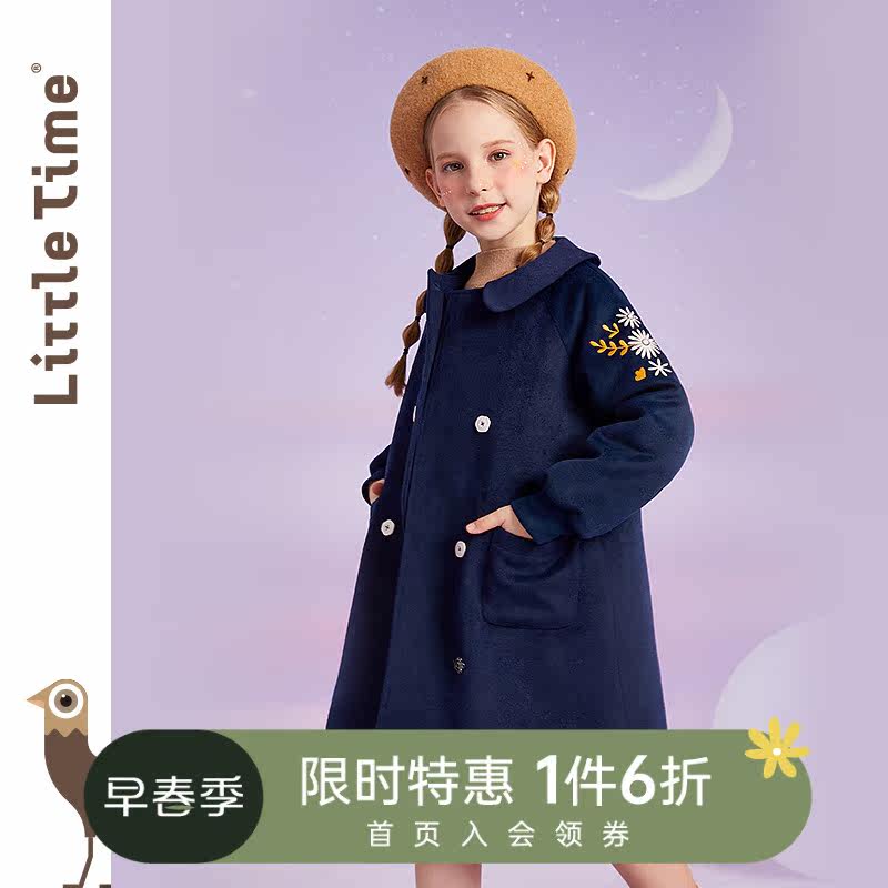Littletime girls woolen coat autumn winter embroidery 2021 new mid-grown children thick warm coat
