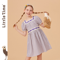 littletime girl purple plaid embroidered dress 2022 Summer new French style CUHK childrens skirts