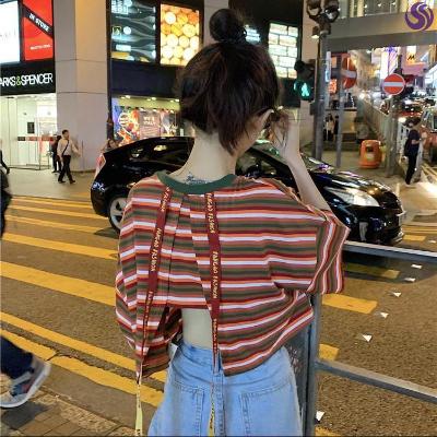 The new net red leaking back waist jacket behind the careful machine t-shirt female back short-sleeved ins tide sexy compassionate Korean