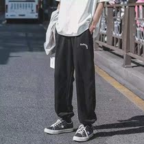Japanese drawstring gray sports pants mens autumn trendy brand loose straight pants American retro wide-leg casual pants